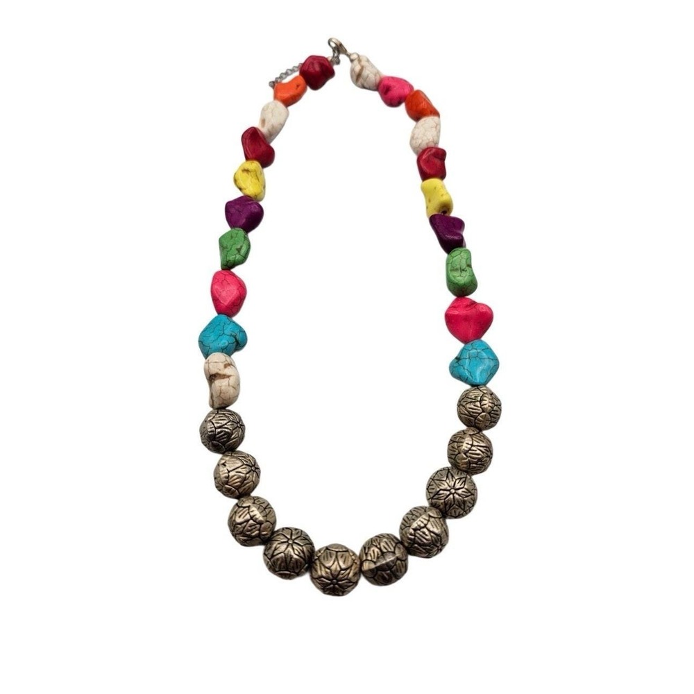 Multicolor Faux Stone Chunky Bead Necklace Silver Floral Etched Metal Statement